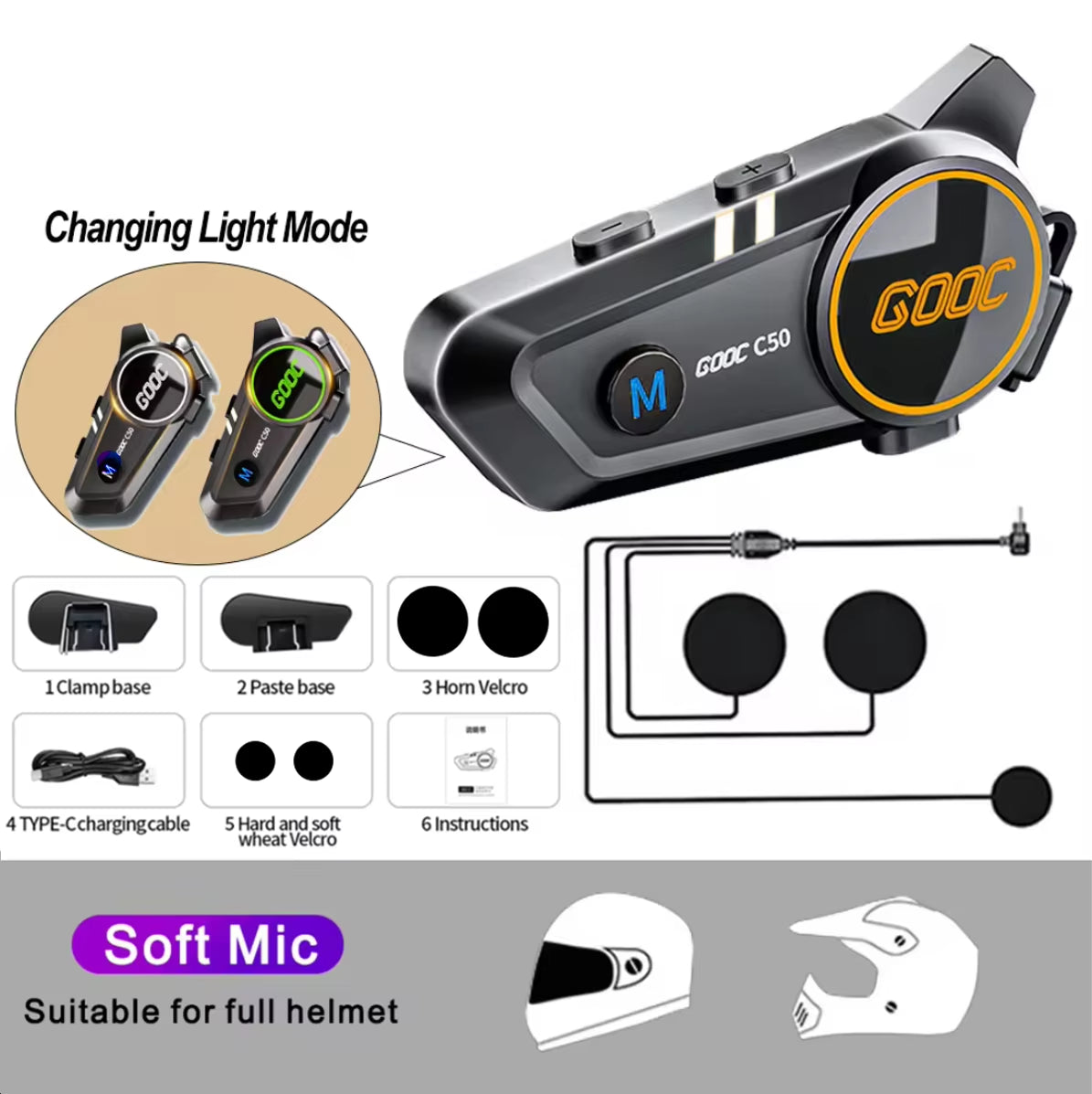 3D Surround Heavy Bass Motorcycle Helmet Headset Stereo Bluetooth Hands Free Call IPX7 Waterproof with Tri-Color Ambient Light