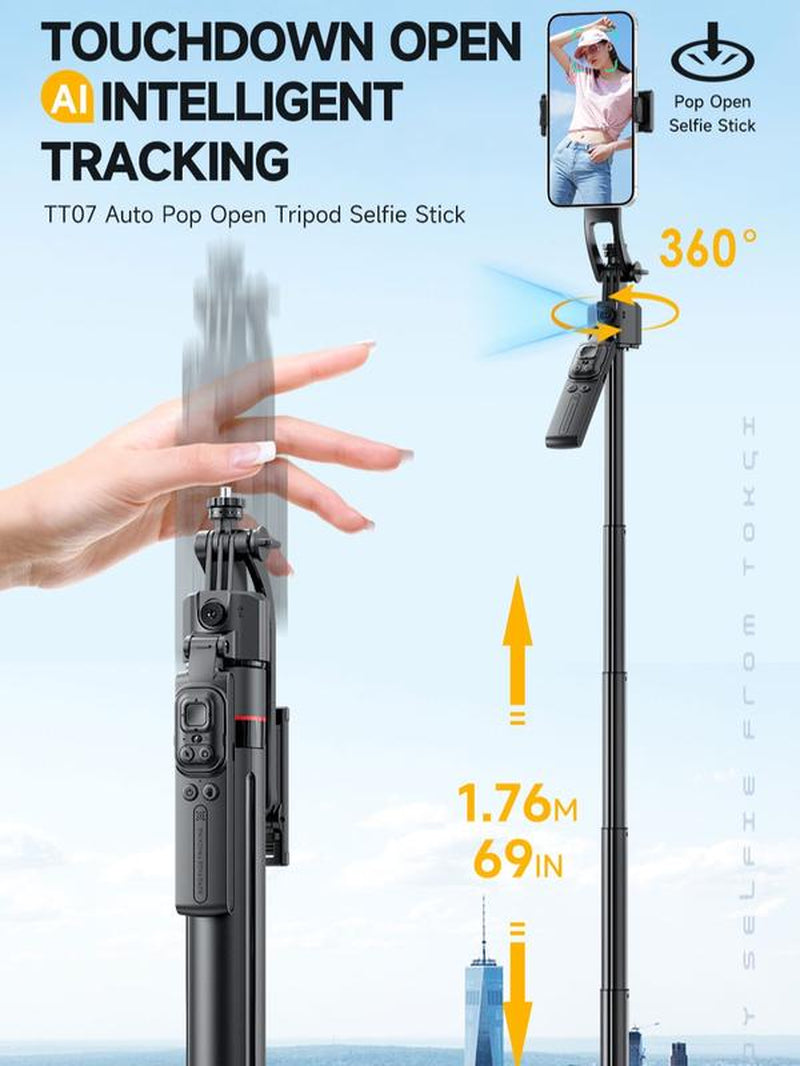 All-In-One Selfie Stick Tripod ,One-Click Automatically Pop-Up Open, Face Tracking ,Gesture Control Functions , with Handheld Stabilizer,Detachable Phone Holder ,360°Rotation,With Mutifunctional Remote Control,Maximum Extends to 68.9 Inches