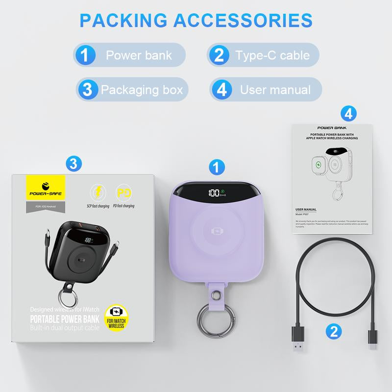 22.5W Fast Charging Portable Charger 10000Mah, Built-In Cables Mini Power Bank with LED Display, Keychain Travel Battery Pack for Iphone & Iwatch