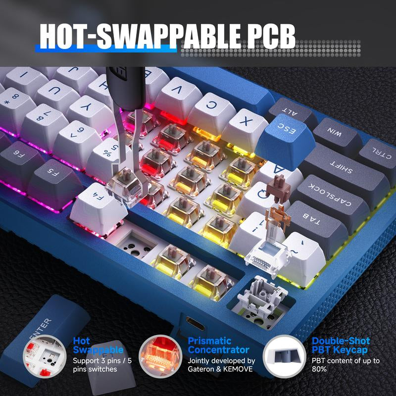 Clearance Sale KEMOVE K87 Wireless Hot-Swap Mechanical Gaming Keyboard, 87 Keys RGB Backlit with 4000Mah Battery, Triple-Mode Connection — Limited Time Sale