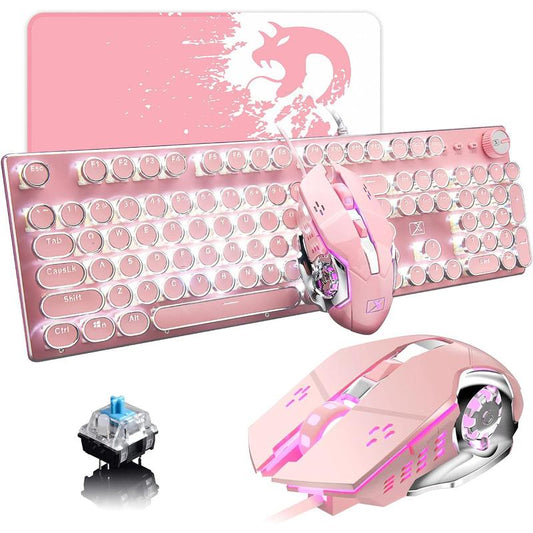 MAMBASNAKE Pink Typewriter Keyboard and Mouse,Retro Vintage Mechanical Gaming Keyboard with White LED Backlit,104 Keys Anti-Ghosting Blue Switch Wired Cute Keyboard,Round Keycaps for Desktop Pc/Laptop Mac