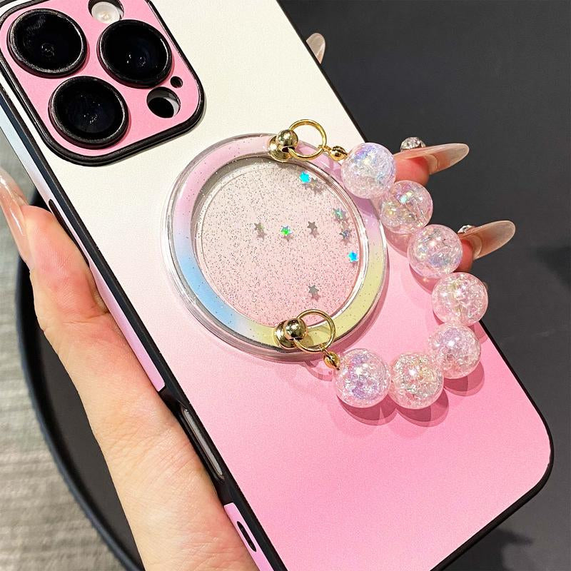 Magnetic Bracelet Grip with Glitter Star Magsafe Holder, Gradient Pink Beaded Accessory for Smartphones & Tablets
