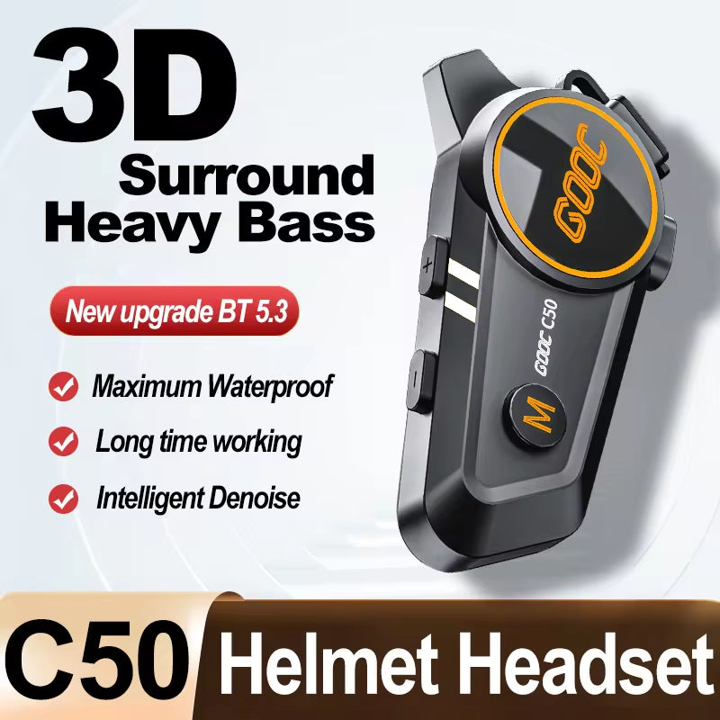3D Surround Heavy Bass Motorcycle Helmet Headset Stereo Bluetooth Hands Free Call IPX7 Waterproof with Tri-Color Ambient Light