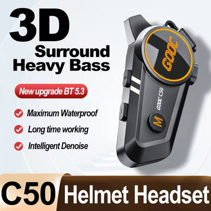 3D Surround Heavy Bass Motorcycle Helmet Headset Stereo Bluetooth Hands Free Call IPX7 Waterproof with Tri-Color Ambient Light