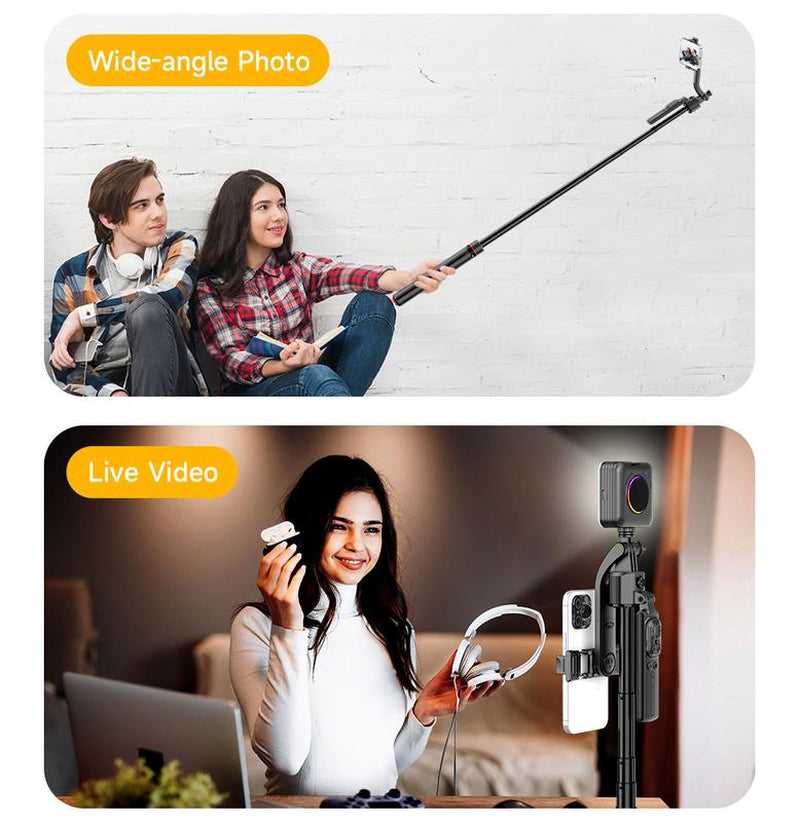 All-In-One Selfie Stick Tripod ,One-Click Automatically Pop-Up Open, Face Tracking ,Gesture Control Functions , with Handheld Stabilizer,Detachable Phone Holder ,360°Rotation,With Mutifunctional Remote Control,Maximum Extends to 68.9 Inches