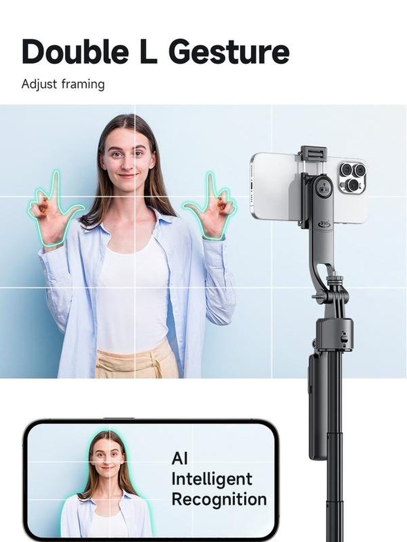 All-In-One Selfie Stick Tripod ,One-Click Automatically Pop-Up Open, Face Tracking ,Gesture Control Functions , with Handheld Stabilizer,Detachable Phone Holder ,360°Rotation,With Mutifunctional Remote Control,Maximum Extends to 68.9 Inches