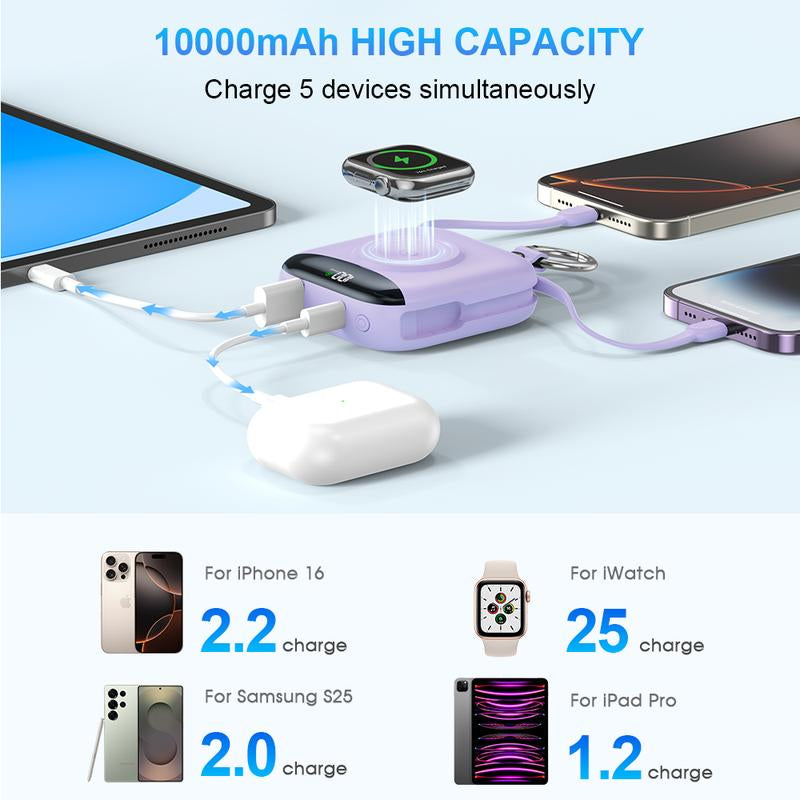 22.5W Fast Charging Portable Charger 10000Mah, Built-In Cables Mini Power Bank with LED Display, Keychain Travel Battery Pack for Iphone & Iwatch